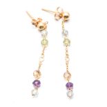 A PAIR OF GEMSTONE PENDANT EARRINGS each gold bead surmount suspending a line of circular ;ink chain