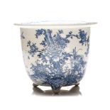 A CHINESE BLUE AND WHITE TRANSFER PRINTED TRIPARTITE JARDINIERE, 20th CENTURY the ovoid body with