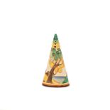 A CLARICE CLIFF ‘’SECRETS’’ PATTERN CONE-SHAPED SUGAR DREDGER, 1930’s painted with a river estuary