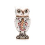 A SAMSON ARMORIAL OWL-SHAPED JAR & COVER, LATE 19TH CENTURY moulded and painted with a crest amongst