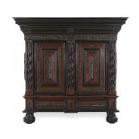 A DUTCH ROSEWOOD AND EBONY KUSSENKAS, LATE 17TH/EARLY 18TH CENTURY the outswept cornice above a