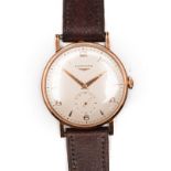 A GENTLEMAN'S 18CT ROSE GOLD WRISTWATCH, LONGINES automatic, the circular cream dial, applied with