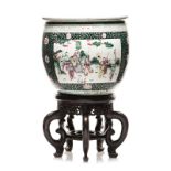 A CHINESE FAMILLE VERTE JARDINIERE, LATE 19TH CENTURY the tapering ovoid body painted on either side