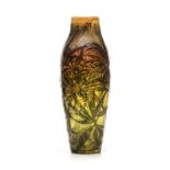 A GALLE CAMEO GLASS VASE, CIRCA 1900 of elongated shape, the mottled green glass overlaid with