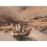 Christiaan St Patrick Nice (South African 1939-) FISHING BOAT IN THE HARBOUR signed oil on board