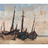 Wim Blom (South African 1927-) BOATS ON THE BEACH signed and dated '56 oil on newspaper laid down on