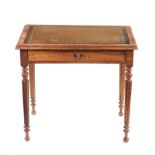 A WALNUT WRITING TABLE the moulded rectangular top with a gilt-tooled leather-inset writing