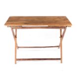 A CAPE YELLOWWOOD TREK TABLE the rectangular top on folding X-shaped supports joined by side-