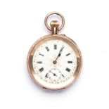 14K YELLOW GOLD OPEN-FACED POCKET WATCH, CUIVRE the circular white and pink dial with Roman numerals