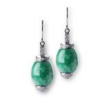 A PAIR OF 18K WHITE GOLD, DIAMOND AND JADE-LIKE EARRINGS each jade-like bead capped and tipped