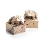 A PAIR OF CHINESE HARDSTONE TOAD SEALS each square seal surmounted with a toad, the stubby body