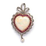 A VICTORIAN OPAL, DIAMOND AND RUBY BROOCH with a large heart-shaped opal, surrounded by a single row