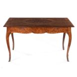 A FRENCH ROSEWOOD AND INLAID WRITING TABLE, EARLY 20TH CENTURY the rectangular moulded top above a