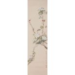 A CHINESE INK AND WATERCOLOUR ‘PRUNUS AND INSECT’ SCROLL ATTRIBUTED TO YUAN HONGSONG, 1910 - 2012