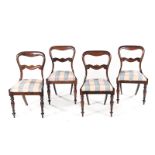 A SET OF FOUR VICTORIAN DINING CHAIRS each shaped top rail above a reeded caned mid-rail, drop-in