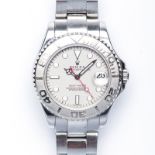 A LADIES STAINLESS STEEL ROLEX YACHTMASTER the circular platinum dial applied with baton hour