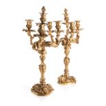 A PAIR OF FRENCH ORMOLU FOUR LIGHT CANDELABRAS, LATE 18TH/EARLY 19TH CENTURY each swirled acanthus-