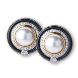 A PAIR OF MABÉ PEARL, DIAMOND AND ONYX EAR STUDS, KÖHLER each centred with a mabé pearl,