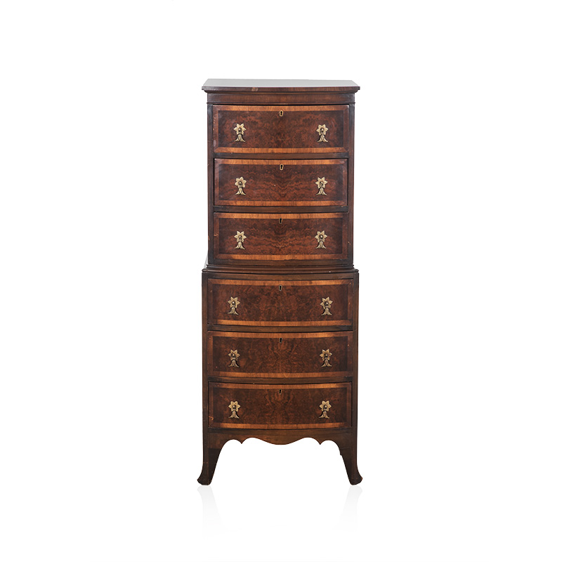 A GEORGE III WALNUT BOWFRONTED CHEST-ON-CHEST in two parts,the outswept cornice above three