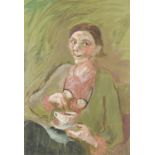 Marjorie Wallace (South African 1925-2005) WOMAN WITH TEA CUP signed acrylic on paper 66 by 45cm