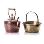 AN ENGLISH COPPER TEA KETTLE, 19TH CENTURY applied with a swan-neck spout, fixed brass handle and