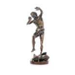 EUGENE-LOUIS LEQUESNE (1815 – 1887): FAUNE DANSANT (DANCING FAUN) BRONZE FIGURE verdigris patina,