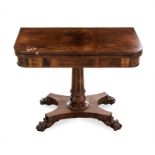 A WILLIAM IV ROSEWOOD CARD TABLE the hinged rounded rectangular top enclosing a baize-lined