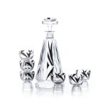 AN ART DECO GLASS AND ENAMELLED DECANTER SET, 1930’S CZECH the decanter of pyramid form decorated