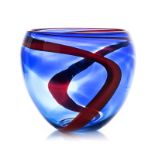 DAVID READE: (1960-): A LARGE BLUE GLASS BOWL of tapering ovoid shape, with orange spiralled