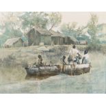 Izidro Duarte (South African 1942-) AFRICAN VILLAGE SCENE WITH FIGURES ON BOATS signed oil on canvas