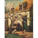 Hendrik van Leeuwen (Dutch 1825-1915) COTTAGE WITH A WOMAN, A GOAT AND A PEACH BLOSSOM TREE signed