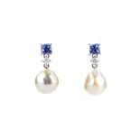 A PAIR OF TANZANITE DIAMOND AND SOUTH SEA PEARL PENDANT EARRINGS