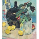 Herbert Coetzee (South African 1921-2008) STILL LIFE WITH VESSEL, A POT PLANT AND LEMONS