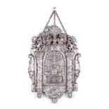 AN 19TH CENTURY SILVER TORAH SHIELD, WITH PSEUDO GERMAN 18TH CENTURY HANNOVER-NEUSTADT HALLMARKS