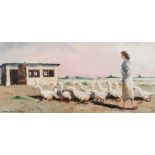 Hennie Griesel (South African 1931-) WOMAN FEEDING GEESE signed and dated 2000 oil on canvas board