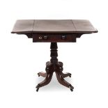A REGENCY MAHOGANY PEMBROKE TABLE the shaped hinged moulded rectangular top above a frieze drawer