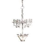 A 19TH CENTURY DUTCH SILVER PLATED JUDANSTERN SHABBAT HANGING LAMP, CIRCA 1860 the central knopped