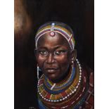 B*** Moyo (South African 20th Century-) WOMAN IN TRADITIONAL DRESS signed and dated 12 oil on canvas