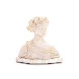 AN ALABASTER BUST OF A YOUNG WOMAN modelled with eyes downcast and delicate features, wearing