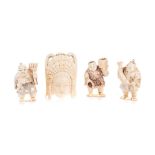 A GROUP OF THREE JAPANESE CARVED IVORY NETSUKE NOT SUITABLE FOR EXPORT comprising: a fisherman, a