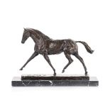 GILL WILES (1942 - ): A BRONZE FIGURAL SCULPTURE naturalistically modelled as a horse in mid stride,