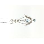 Belle Époque aquamarine, diamond and pearl necklace, aquamarine suspended from rose cut diamond