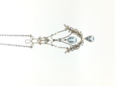 Belle Époque aquamarine, diamond and pearl necklace, aquamarine suspended from rose cut diamond