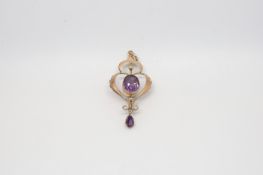 Art Nouveau amethyst pendant, mounted in rose gold, stamped and tested as 9ct