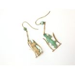 Pair of carved jade figure earrings, green jadeite carved as ladies with gold rush and bamboo