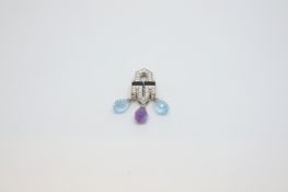 Art Deco style amethyst, topaz and diamond set pendant, three briolette cut amethyst and blue