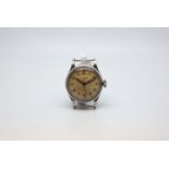 Gentlemen's stainless steel military Longines watch, circa 1940s, tan coloured dial, Arabic numbers,