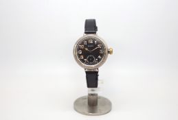 Gentlemen's silver cased Zenith WW1 military trench watch, circa 1914, black porcelain dial with
