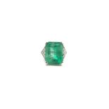 Emerald and diamond ring, central emerald cut emerald weighing an estimated 30.00ct, believed to