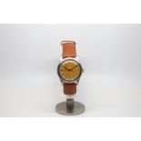 Gentlemen's stainless steel military Longines watch, circa 1940s, tan coloured dial, Arabic numbers,